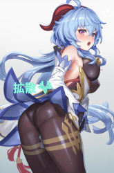 Rule 34 | 1girl, :o, ahoge, ass, bare shoulders, black gloves, black pantyhose, blue hair, blush, bodystocking, breasts, cowbell, cuboon, detached sleeves, from behind, ganyu (genshin impact), genshin impact, gloves, gradient background, grey background, hand on own hip, horns, impossible clothes, leaning forward, long hair, long sleeves, looking at viewer, looking back, medium breasts, nose blush, open mouth, pantyhose, pink eyes, solo, tassel, very long hair