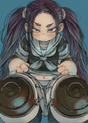 Rule 34 | 1girl, black shirt, blue background, blush, closed mouth, commentary request, ebimomo, forehead, grey neckerchief, grey sailor collar, grey skirt, long hair, looking at viewer, mechanical legs, midriff, navel, neckerchief, original, pleated skirt, purple eyes, purple hair, sailor collar, shirt, simple background, sitting, skirt, solo, twintails