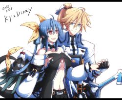 Rule 34 | bare shoulders, belt, blonde hair, blue hair, breasts, character name, choker, collarbone, couple, dated, detached sleeves, dizzy (guilty gear), english text, guilty gear, guilty gear vastedge xt, guilty gear xrd, hair between eyes, hair ribbon, holding hands, kuro goma (kakkou11), ky kiske, looking at another, midriff, navel, open mouth, ponytail, ribbon, sheath, sheathed, short shorts, shorts, sideboob, simple background, skull print, sword, tail, tail ornament, tail ribbon, twintails, weapon, white background, yellow ribbon