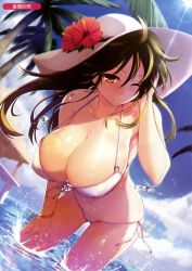 Rule 34 | 1girl, absurdres, artist name, beach house, bikini, blue sky, breasts, brown eyes, brown hair, chromatic aberration, cleavage, closed mouth, cloud, collarbone, day, dutch angle, covered erect nipples, front-tie top, hair between eyes, hand in own hair, hand on own leg, hat, highres, huge breasts, leaning forward, legs apart, lens flare, long hair, looking at viewer, melonbooks, one eye closed, original, ouma tokiichi, outdoors, palm tree, scan, side-tie bikini bottom, sky, solo, sparkle, standing, sun, sun hat, sunlight, swimsuit, tree, wading, water, water drop, white bikini, wings