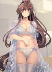 Rule 34 | 1girl, blush, bra, breasts, brown eyes, brown hair, camisole, cherry blossoms, collarbone, cowboy shot, grey background, hair between eyes, highres, indoors, kantai collection, kasumi (skchkko), lingerie, long hair, looking at viewer, medium breasts, navel, open clothes, panties, ponytail, short sleeves, solo, thighhighs, underwear, very long hair, white bra, white panties, white thighhighs, yamato (kancolle)