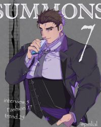 Rule 34 | 1boy, alternate costume, alternate hairstyle, bara, black suit, brown hair, bursting pectorals, cropped torso, formal, glasses, large pectorals, looking at viewer, male focus, protagonist 3 (housamo), muscular, muscular male, necktie, pectorals, pmlial, purple shirt, shirt, short hair, sideburns, solo, spiked hair, suit, thick eyebrows, tokyo houkago summoners