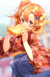 Rule 34 | 1girl, absurdres, blue bow, blue eyes, blue flower, blue hakama, blue rose, blurry, blurry background, bow, bread, brown hair, clouble, commentary request, depth of field, eating, floral print, flower, food, hair between eyes, hair bow, hair flower, hair ornament, hairclip, hakama, hakama skirt, highres, holding, holding food, japanese clothes, kimono, kosaka honoka, long sleeves, love live!, love live! school idol project, one side up, print kimono, red flower, red kimono, rose, skirt, solo, striped clothes, striped kimono, vertical-striped clothes, vertical-striped kimono, wide sleeves, yellow bow