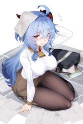 Rule 34 | 1girl, ahoge, arm up, bag, bell, blue hair, book, breasts, brown pantyhose, brown skirt, collared shirt, commentary request, contemporary, dev (dev0614), dress shirt, flying sweatdrops, full body, ganyu (genshin impact), genshin impact, hair between eyes, highres, horns, impossible clothes, impossible shirt, large breasts, long sleeves, neck bell, office lady, open bag, pantyhose, paper on head, parted lips, pencil skirt, red eyes, shirt, simple background, sitting, skirt, solo, thigh gap, thighs, white background, yokozuwari