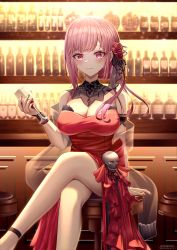 Rule 34 | 1girl, absurdres, bar (place), bar stool, bare shoulders, blunt bangs, bow, breasts, chair, cleavage, closed mouth, commentary, crossed legs, cup, dress, drinking glass, english commentary, flower, hair flower, hair ornament, highres, hololive, hololive english, large breasts, mori calliope, mori calliope (party dress), nail polish, pink hair, rayleigh scale, red bow, red dress, red eyes, red flower, red nails, rose, side ponytail, sitting, skull, smile, stool, strapless, strapless dress, virtual youtuber, wine glass