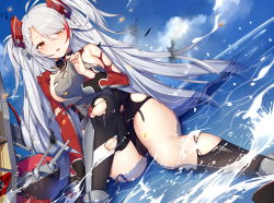 Rule 34 | 1girl, absurdres, antenna hair, armpit cutout, azur lane, black thighhighs, blue sky, blush, breasts, brown eyes, cameltoe, cannon, clothes tug, clothing cutout, cloud, cross, damaged, day, fire, hair between eyes, highres, iiiroha, iron cross, large breasts, leotard, long hair, looking at viewer, mole, mole on breast, multicolored hair, ocean, outdoors, partially submerged, pelvic curtain, prinz eugen (azur lane), red hair, rigging, rudder footwear, sidelocks, silver hair, sitting, sky, smoke, solo, streaked hair, thighhighs, thighs, torn clothes, turret, two side up, very long hair, wide sleeves