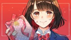 Rule 34 | 1girl, black jacket, blunt bangs, blush, bow, bowtie, box, brown eyes, brown hair, collared shirt, gift, gift box, jacket, looking at viewer, original, pink ribbon, plaid, plaid bow, plaid bowtie, plaid neckwear, red background, red bow, red bowtie, ribbon, shinishi chiho, shirt, short hair, signature, simple background, smile, solo, white shirt