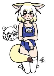 Rule 34 | + +, 2girls, acesrulez, alternate costume, animal ears, bare arms, bare shoulders, blonde hair, blue one-piece swimsuit, chibi, chibi inset, collarbone, common raccoon (kemono friends), embarrassed, fennec (kemono friends), fox ears, fox girl, fox tail, kemono friends, kneeling, multicolored hair, multiple girls, name tag, no shoes, one-piece swimsuit, school swimsuit, short hair, swimsuit, tail, thighhighs, translation request, two-tone hair, white hair, white legwear, zettai ryouiki