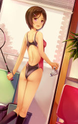 Rule 34 | 1girl, :d, ass, back, badminton, badminton racket, bare arms, black socks, blush, breasts, brown hair, bucket, chair, competition swimsuit, dutch angle, eyebrows, eyelashes, flat ass, glass, hair tie, highleg, highleg swimsuit, holding, indoors, kneehighs, kneepits, light particles, looking at viewer, looking back, one-piece swimsuit, open mouth, original, plant, purple eyes, racket, railing, school uniform, shade, short hair, shuttlecock, sky, small breasts, smile, socks, solo, standing, swimsuit, tree, unworn clothes, window blinds, window shutter, yokaze japan
