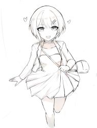 Rule 34 | 1girl, :d, alternate costume, bag, blazer, casual, choker, collarbone, dress, girly running, greyscale, hair ornament, hairclip, handbag, heart, highres, jacket, looking at viewer, monochrome, open mouth, pleated dress, pouch, running, running towards viewer, rurine luna, short dress, short hair, simple background, sketch, slash-ex, smile, solo, unfinished, virtual youtuber, wactor production, white background