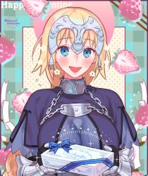 Rule 34 | 1girl, armor, armored dress, blonde hair, blue eyes, blue ribbon, blush, box, braid, braided ponytail, breasts, chain, collar, couter, dress, english text, fate/grand order, fate (series), food, french text, fruit, gauntlets, gift, gift box, gift wrapping, happy valentine, headpiece, holding, holding gift, incoming gift, jeanne d&#039;arc (fate), jeanne d&#039;arc (ruler) (fate), large breasts, long hair, looking at viewer, metal collar, open mouth, plaid, plaid background, polka dot, polka dot background, purple dress, ribbon, sara (kurome1127), short sleeves, single braid, smile, solo, strawberry, striped ribbon, twitter username, upper body, valentine