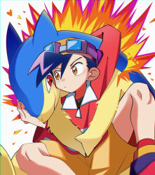 Rule 34 | 1boy, black hair, blue fur, brown eyes, creatures (company), ethan (pokemon), fire, game freak, goggles, goggles on head, goggles on headwear, hat, highres, male focus, nintendo, pokemon, pokemon (creature), pokemon adventures, pokemon gsc, red eyes, red shirt, shirt, shorts, simple background, spiked hair, two-tone fur, umineko skyblue, white background, yellow fur, yellow hat, yellow shorts