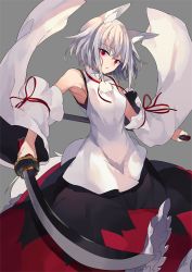 Rule 34 | 1girl, animal ear fluff, animal ears, arm ribbon, armpits, bare shoulders, black skirt, breasts, commentary request, cowboy shot, detached sleeves, grey background, head tilt, hide448, highres, holding, holding sheath, holding sword, holding weapon, inubashiri momiji, katana, long sleeves, looking at viewer, medium breasts, multicolored clothes, multicolored skirt, petticoat, red eyes, red ribbon, red skirt, ribbon, scabbard, sheath, shirt, short hair, silver hair, simple background, skirt, solo, sword, tail, touhou, weapon, white shirt, wide sleeves, wolf ears, wolf tail
