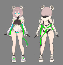Rule 34 | 1girl, arms at sides, ass, blue eyes, breasts, brown hair, closed mouth, concept art, contrapposto, detached hood, elbow gloves, enkyo yuuichirou, female focus, flat color, full body, gloves, green eyes, green nails, grey background, hair between eyes, hair ornament, highres, hood, hood down, large breasts, looking at viewer, medium hair, multicolored eyes, multiple views, nail polish, original, panties, partially fingerless gloves, shoes, simple background, smile, standing, tail, underwear