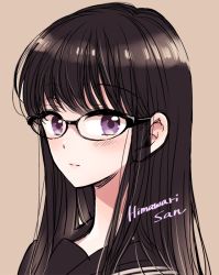 Rule 34 | 1girl, black-framed eyewear, black hair, blush, brown background, character name, closed mouth, commentary request, copyright name, expressionless, glasses, hair between eyes, himawari-san, himawari-san (character), lips, long hair, looking at viewer, pink lips, portrait, purple eyes, simple background, solo, sugano manami