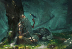 Rule 34 | 1boy, against tree, bald, beard, bird, closed mouth, commentary, crow, druid, english commentary, closed eyes, facial hair, forest, full-body tattoo, glint, grass, highres, holding, holding staff, indian style, long beard, male focus, manuel castanon, nature, old, old man, original, sitting, solo, staff, tattoo, tree