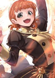 Rule 34 | 1girl, annette fantine dominic, arm up, clenched hand, fire emblem, fire emblem: three houses, grey eyes, highres, nakabayashi zun, nintendo, open mouth, orange hair, petals, short hair, skirt, twintails, white background
