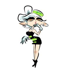 Rule 34 | + +, 1girl, arched back, bare shoulders, black dress, black footwear, breasts, detached collar, dress, earrings, finger to mouth, full body, gloves, half-closed eyes, hands up, herny, jewelry, looking at viewer, marie (splatoon), medium breasts, nintendo, object on head, open mouth, orange eyes, pointy ears, short dress, short hair, simple background, solo, splatoon (series), standing, strapless, strapless dress, teeth, tentacle hair, white background, white gloves, white hair