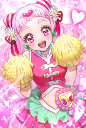 Rule 34 | 1girl, :d, absurdres, clover earrings, cone hair bun, cure yell, double bun, flower, hair bun, hair flower, hair ornament, hair ribbon, heart, heart hair ornament, highres, hugtto! precure, layered skirt, long hair, looking at viewer, magical girl, nono hana, onene, open mouth, pink background, pink eyes, pink hair, pink skirt, pink theme, pom pom (cheerleading), pouch, precure, red ribbon, ribbon, skirt, smile, solo