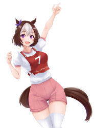 Rule 34 | 1girl, animal ears, arm up, bob cut, bow, braid, brown hair, character name, commentary, cowboy shot, crown braid, ear ribbon, gym shirt, gym shorts, gym uniform, highres, horse ears, horse girl, horse tail, index finger raised, kemuri (etep3372), looking at viewer, multicolored hair, open mouth, pink shirt, purple eyes, race bib, shirt, short hair, short sleeves, shorts, simple background, smile, solo, special week (umamusume), standing, t-shirt, tail, thigh gap, thighhighs, translated, two-tone hair, umamusume, white background, white hair, white shirt, white thighhighs