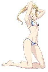 Rule 34 | 1girl, armpits, arms up, artoria pendragon (all), artoria pendragon (fate), bare legs, barefoot, bikini, blonde hair, blush, breasts, fate/grand order, fate (series), green eyes, grey background, grin, highres, kneeling, long hair, looking at viewer, matsuharu (lip-mil), navel, parted lips, ponytail, saber (fate), sidelocks, simple background, small breasts, smile, solo, swimsuit, thighs, white bikini