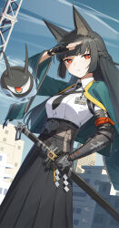 Rule 34 | 1girl, absurdres, animal ears, black hair, black necktie, blunt bangs, building, chinese commentary, collared shirt, commentary request, fingerless gloves, fox ears, gauntlets, gloves, green jacket, highres, holding, holding sword, holding weapon, hoshimi miyabi, jacket, katana, long hair, necktie, outdoors, red eyes, shirt, single fingerless glove, single gauntlet, solo, sword, weapon, white shirt, yidie, zenless zone zero