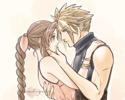 Rule 34 | 1boy, 1girl, aerith gainsborough, artist name, bangle, bare arms, bare shoulders, blonde hair, blue eyes, blue shirt, blush, bracelet, braid, braided ponytail, brown hair, cloud strife, couple, dress, earrings, final fantasy, final fantasy vii, final fantasy vii rebirth, final fantasy vii remake, green eyes, hair ribbon, hand on another&#039;s back, hand on another&#039;s chin, hand on another&#039;s shoulder, hetero, highres, jewelry, long hair, looking at another, omochi daisuki, parted bangs, pink dress, pink ribbon, ribbon, shirt, short hair, sidelocks, single braid, single earring, sleeveless, sleeveless dress, sleeveless turtleneck, spiked hair, toned, toned male, turtleneck, upper body
