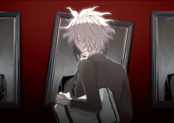 Rule 34 | 1boy, absurdres, archetto l, bag, brown eyes, danganronpa (series), danganronpa 3 (anime), from behind, from side, highres, hinata hajime, jacket, komaeda nagito, long sleeves, male focus, messy hair, official alternate costume, portrait (object), red background, shoulder bag