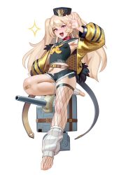 Rule 34 | 1girl, absurdres, ankle socks, armpits, azur lane, bache (azur lane), bandaid, bandaid on knee, bandaid on leg, belt, blonde hair, fangs, full body, hat, highres, jacket, kairunoburogu, leg warmers, long hair, looking at viewer, micro shorts, ok sign, short shorts, shorts, simple background, smile, socks, solo, thighhighs, thighs, toeless legwear, twintails, two side up, white background, white socks