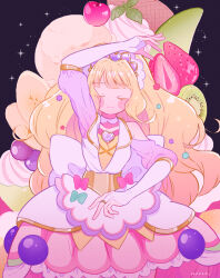 Rule 34 | 1girl, blonde hair, blunt bangs, blush, bridal gauntlets, cherry, closed eyes, cream, cure finale, delicious party precure, detached sleeves, dress, food, fruit, high ponytail, kasai amane, kiocotton, long hair, magical girl, precure, solo, strawberry, wide ponytail