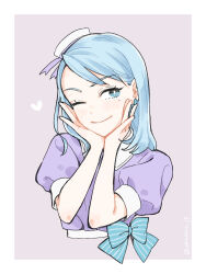 Rule 34 | 1girl, ;), ace attorney, blue bow, blue eyes, blue hair, blush, border, bow, collared shirt, cropped torso, earrings, franziska von karma, hands on own chin, hands up, hat, heart, highres, jewelry, kashiopea (okashio jp), looking at viewer, medium hair, mini hat, mole, mole under eye, one eye closed, puffy short sleeves, puffy sleeves, purple background, purple shirt, shirt, short sleeves, smile, solo, striped, striped bow, swept bangs, twitter username, upper body, waist bow, white border, white hat