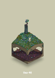 Rule 34 | absurdres, beige background, cave, commentary, diorama, field, flower, flower field, gozz, highres, hill, isometric, original, plant, tombstone, tree