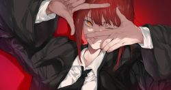 Rule 34 | 1girl, ;), absurdres, black jacket, black necktie, chainsaw man, finger frame, formal, highres, jacket, kizukisai, long sleeves, looking at viewer, makima (chainsaw man), necktie, one eye closed, red background, red hair, ringed eyes, shirt, sidelocks, smile, solo, suit, white shirt, yellow eyes
