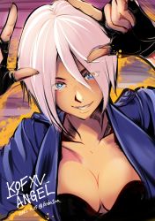Rule 34 | angel (kof), bad id, bad twitter id, blue eyes, character name, copyright name, dated, gloves, hair between eyes, highres, jacket, koda1ra, smile, snk, solo, the king of fighters, white hair