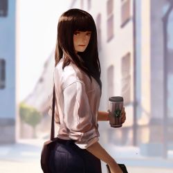 Rule 34 | 1girl, bag, black eyes, black hair, blouse, blunt bangs, breasts, casual, cellphone, coffee, coffee cup, commentary, cup, denim, disposable cup, english commentary, highres, holding, holding cup, jeans, lips, long hair, looking back, lynus, medium breasts, morning, original, outdoors, pants, phone, shade, shirt, shoulder bag, sleeves rolled up, smartphone, solo, standing, steam
