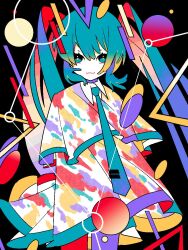 Rule 34 | 1girl, aqua eyes, aqua hair, aqua necktie, black background, closed mouth, colorful, commentary, cowboy shot, dress, greek commentary, hatsune miku, highres, long hair, looking at viewer, machigami yoh, mixed-language commentary, necktie, paint on clothes, shapes, short dress, smile, solo, standing, twintails, very long hair, vocaloid