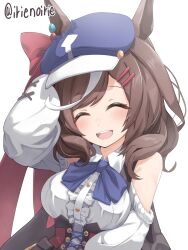 Rule 34 | 1girl, absurdres, animal ears, blue bow, blue hat, bow, breasts, brown hair, buttons, cabbie hat, closed eyes, clothing cutout, hair ornament, hairclip, hand on own head, hat, highres, horse ears, horse girl, irie keisuke (handn), long hair, long sleeves, matikane tannhauser (umamusume), medium breasts, multicolored hair, open mouth, shoulder cutout, simple background, smile, solo, streaked hair, twitter username, umamusume, upper body, white background, white hair
