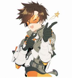 Rule 34 | 1girl, ;d, bodysuit, bomber jacket, brown eyes, brown hair, chest harness, collar, collared jacket, commentary, gloves, goggles, grey gloves, grey jacket, harness, highres, jacket, looking at viewer, maro (lij512), one eye closed, open mouth, orange-tinted eyewear, orange bodysuit, orange goggles, overwatch, overwatch 1, short hair, simple background, smile, solo, spiked hair, star (symbol), symbol-only commentary, tinted eyewear, tracer (overwatch), upper body, vambraces, visor, white background