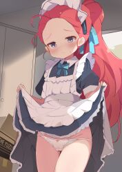 Rule 34 | 1girl, absurdres, applemint, blue archive, blue eyes, blush, bow, bow panties, cameltoe, clothes lift, dress, dress lift, gluteal fold, groin, highres, lifted by self, long hair, maid, panties, ponytail, red hair, thighs, underwear, white panties, yuzu (blue archive)