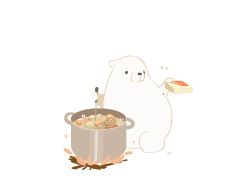 Rule 34 | bear, chai (drawingchisanne), fire, highres, ladle, no humans, original, pot, simple background, stew, stirring, white background
