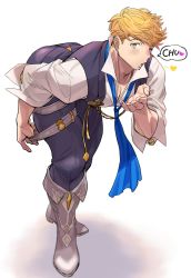 Rule 34 | 1boy, ass, bad id, bad twitter id, black vest, blonde hair, blowing kiss, blush, boots, brown footwear, clothes pull, full body, granblue fantasy, green eyes, highres, leaning forward, looking at viewer, male focus, migi (mm86262394), one eye closed, partially unbuttoned, pectoral cleavage, pectorals, pulling own clothes, short hair, solo, toned, toned male, vane (granblue fantasy), vane (the dragon knights) (granblue fantasy), vest