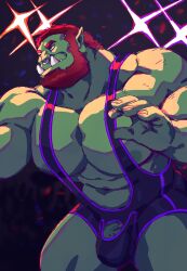 Rule 34 | 1boy, abs, bara, beard, black bodysuit, blue eyes, bodysuit, brown hair, colored skin, crotch cutout, facial hair, feet out of frame, fighting stance, from below, green skin, hands up, highres, huge pectorals, looking ahead, male focus, mature male, monster boy, muscular, muscular male, nipples, nose piercing, nose ring, orc, original, penis, penis peek, piercing, pointy ears, short hair, solo, stomach, suspenders, taoren, thick eyebrows, tusks, v-shaped eyebrows, wrestler, wrestling, wrestling outfit
