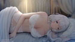 Rule 34 | 1girl, antenna hair, azur lane, bare arms, bed, bed sheet, blanket, blue eyes, blush, bow, bow bra, bow panties, bra, breasts, chair, cleavage, collarbone, curtains, drawer, garter belt, hair over shoulder, hair tie, illustrious (azur lane), indoors, kitsune-neko, lace, lace bra, lace panties, large breasts, lingerie, long hair, looking at viewer, lying, on bed, on side, panties, pillow, pixiv username, pov across bed, room, sleeveless, smile, solo, tsukasa (ilqmplim), twintails, underwear, underwear only, white bow, white bra, white hair, white panties