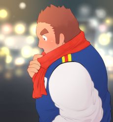 Rule 34 | 1boy, 3c pan, alternate costume, bara, belly, blurry, blurry background, blush, brown hair, embarrassed, facial hair, facial scar, from side, tamamura gunzo, long sideburns, male focus, red scarf, scar, scar on cheek, scar on face, scarf, scarf pull, short hair, sideburns, solo, spiked hair, stubble, sweatdrop, thick eyebrows, tokyo houkago summoners, upper body, winter clothes