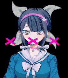 Rule 34 | 1girl, bell, black background, black hair, blue shirt, blunt bangs, bow, bowtie, breasts, buttons, chabashira tenko, choker, collarbone, commentary, covered mouth, cross, danganronpa (series), danganronpa v3: killing harmony, double-breasted, green ribbon, hair ornament, hair ribbon, hairband, highres, large breasts, long hair, long sleeves, looking at viewer, pemami (mint b 777), pink choker, pink hairband, ribbon, sailor collar, shirt, simple background, solo, symbol-only commentary, twintails, upper body, white bow, white bowtie, white ribbon, white sailor collar