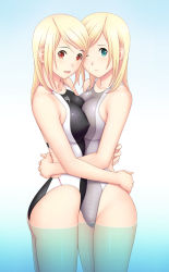 Rule 34 | 2girls, aqua eyes, ass, blonde hair, blush, breast press, breasts, character request, competition swimsuit, covered erect nipples, cowboy shot, embarrassed, from side, frown, highleg, highleg swimsuit, highres, hug, incest, kuri (kurigohan), large breasts, long hair, looking back, multiple girls, one-piece swimsuit, one eye closed, open mouth, original, own hands clasped, own hands together, red eyes, siblings, sisters, smile, source request, speedo (company), submerged, swimsuit, symmetrical docking, twins, wading, water, wink, yuri