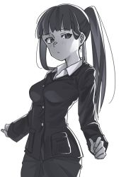 Rule 34 | 10s, 1girl, alternate hairstyle, bad id, bad twitter id, blunt bangs, blush, closed mouth, commentary, dress shirt, formal, frown, girls und panzer, greyscale, highres, jacket, long hair, long sleeves, looking at viewer, mature female, monochrome, nishizumi shiho, pant suit, pants, ponytail, roivas, shirt, solo, standing, straight hair, suit