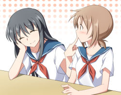 Rule 34 | 2girls, black hair, blue sailor collar, blush, brown hair, closed eyes, closed mouth, commentary request, dairi, elbow rest, finger to another&#039;s mouth, hand on own cheek, hand on own face, long hair, looking at another, multiple girls, neckerchief, original, red neckerchief, sailor collar, school uniform, serafuku, short hair, short sleeves, sidelocks, smile, surprised, yellow eyes, yuri