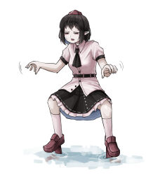 Rule 34 | 1girl, balancing, black hair, black skirt, highres, peroponesosu., pointy ears, pom pom (clothes), puddle, red eyes, red footwear, red headwear, shameimaru aya, shirt, skirt, solo, sweat, touhou, white background, white shirt