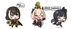 Rule 34 | 3girls, architect (girls&#039; frontline), assault rifle, banana (girls&#039; frontline), black jacket, carbine, chibi, closed eyes, colt 9mm smg, commentary request, english text, gas mask, girls&#039; frontline, gun, headgear, heterochromia, highres, holding, holding gun, holding weapon, jacket, light brown hair, long hair, long sleeves, m4 sopmod ii (girls&#039; frontline), m4 sopmod ii (mod3) (girls&#039; frontline), mask, mask around neck, megaphone, mod3 (girls&#039; frontline), multicolored hair, multiple girls, open mouth, ran system, red eyes, red hair, rifle, ro635 (girls&#039; frontline), ro635 (mod3) (girls&#039; frontline), running, simple background, skirt, speech bubble, standing, streaked hair, submachine gun, weapon, white background, white hair, yellow eyes, yellow jacket